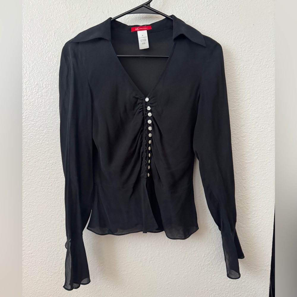 Anne Klein Black Ruched Tie Front Blouse
